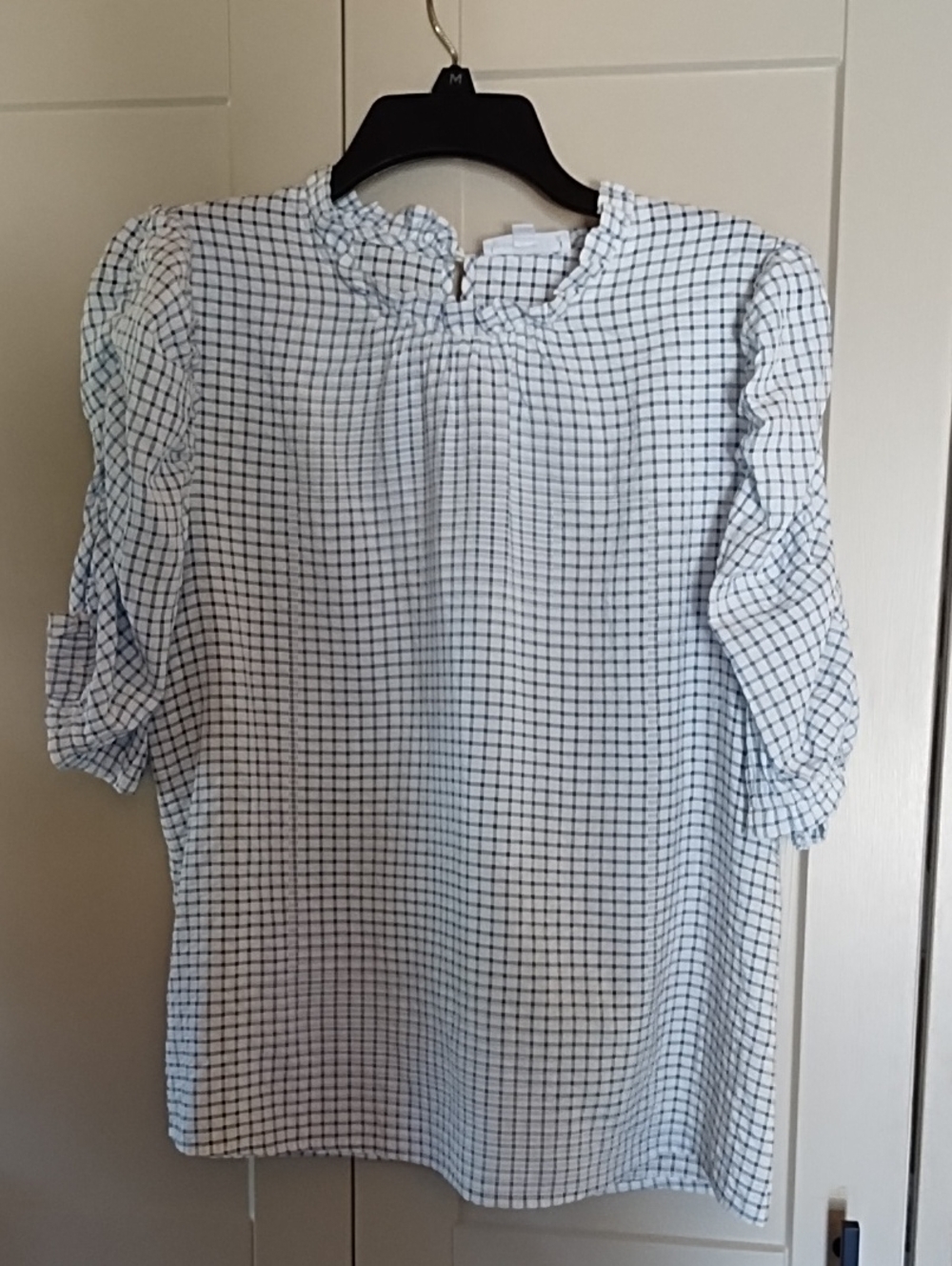 THML Womens White and Blue Check Ruffled Neck Puff Sleeve Top